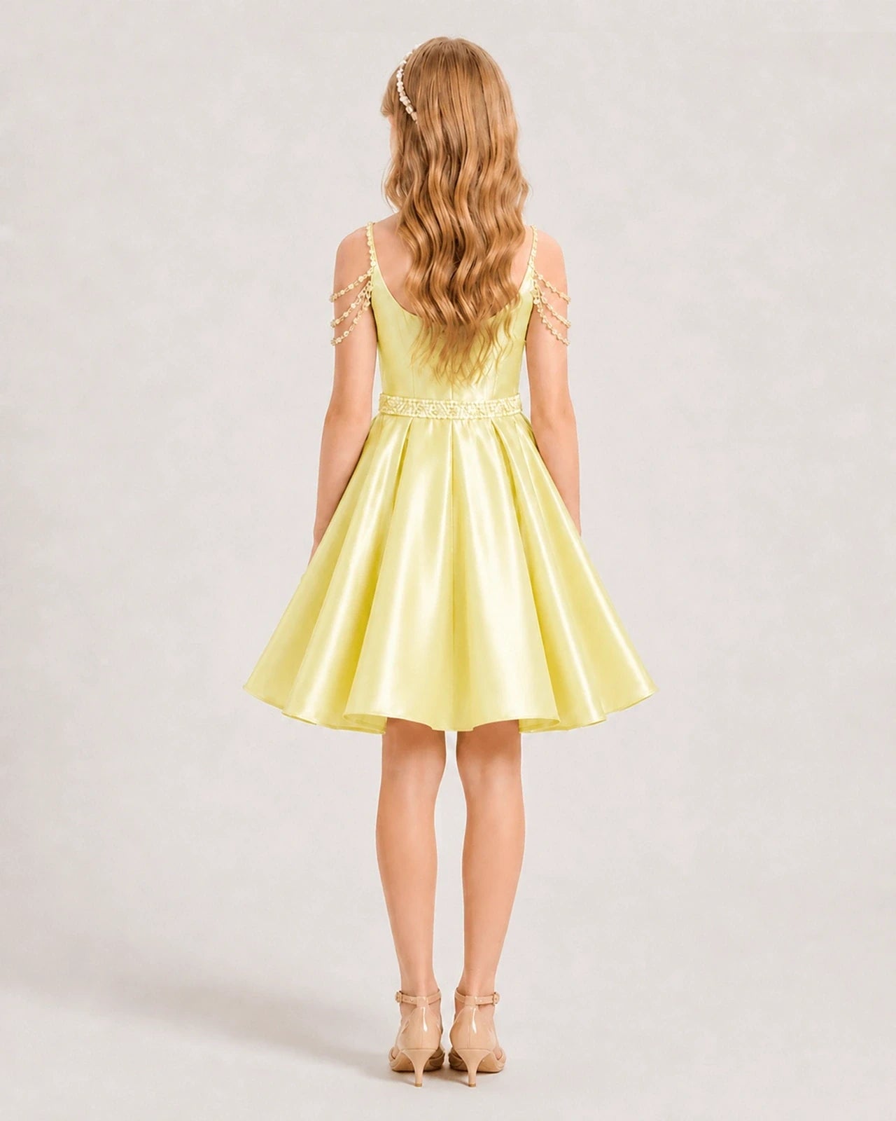 Dideyttawl Girls Formal Dress with Rhinestone Shoulder Drape and Beaded Waistband