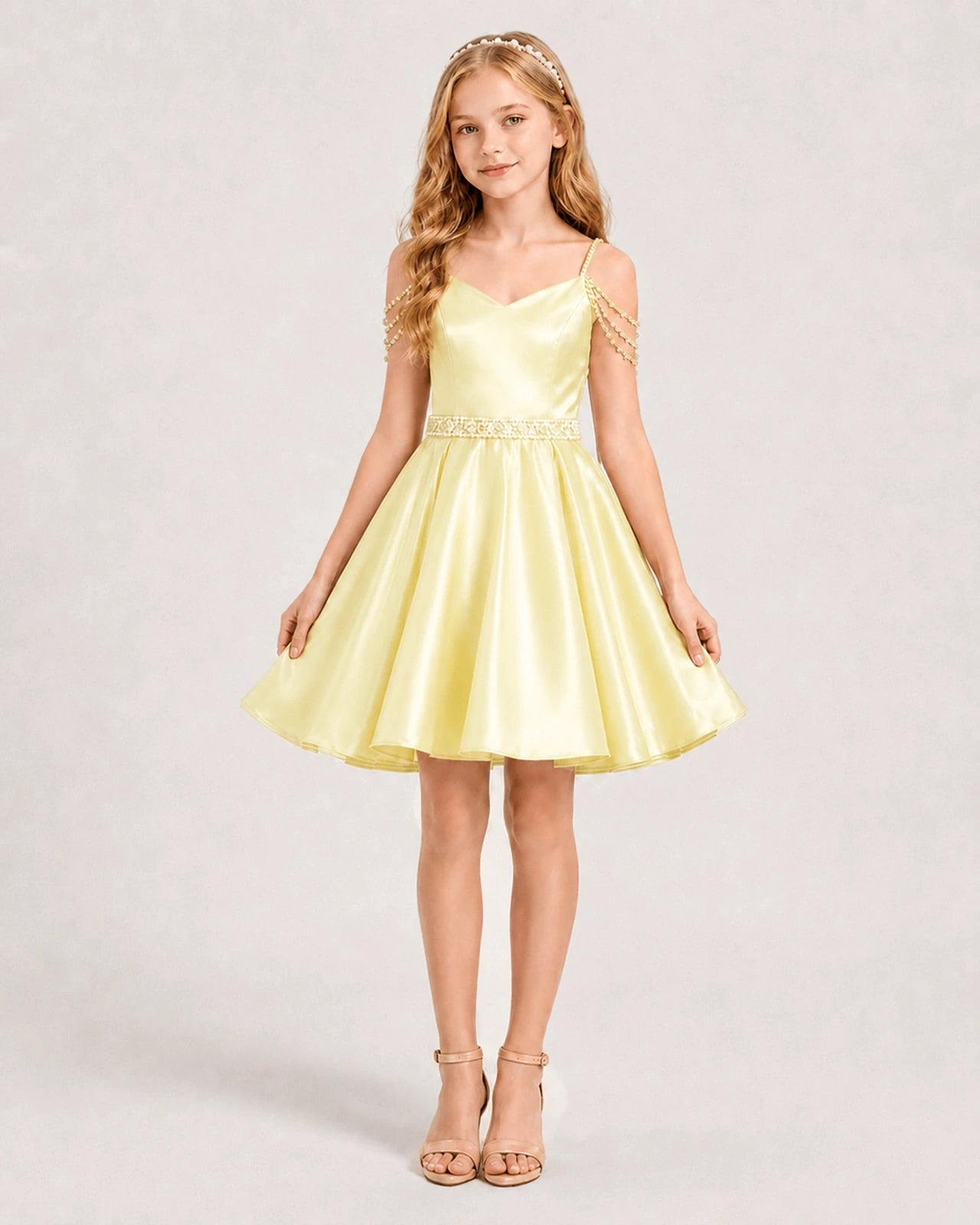 Dideyttawl Girls Formal Dress with Rhinestone Shoulder Drape and Beaded Waistband