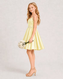 Dideyttawl Girls Formal Dress with Rhinestone Shoulder Drape and Beaded Waistband