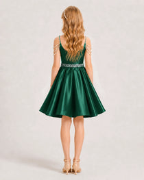 Dideyttawl Girls Formal Dress with Rhinestone Shoulder Drape and Beaded Waistband