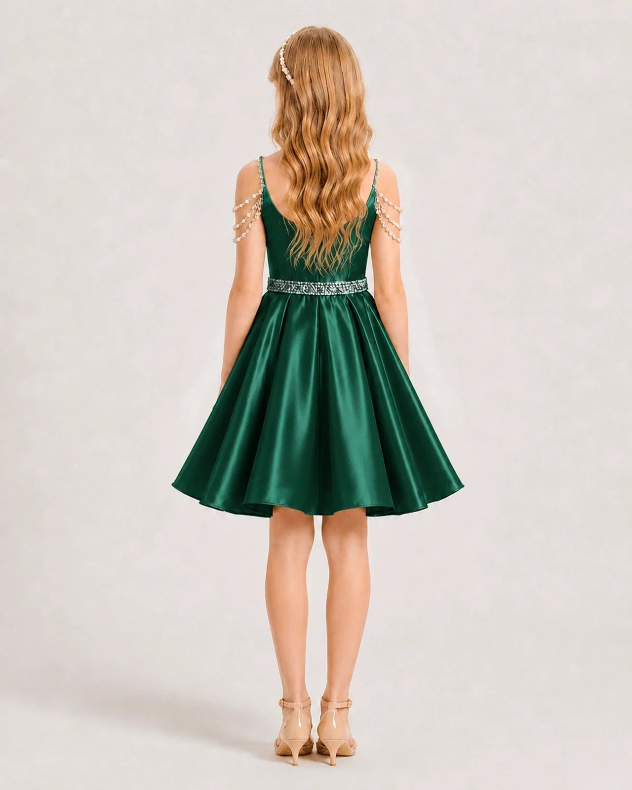 Dideyttawl Girls Formal Dress with Rhinestone Shoulder Drape and Beaded Waistband
