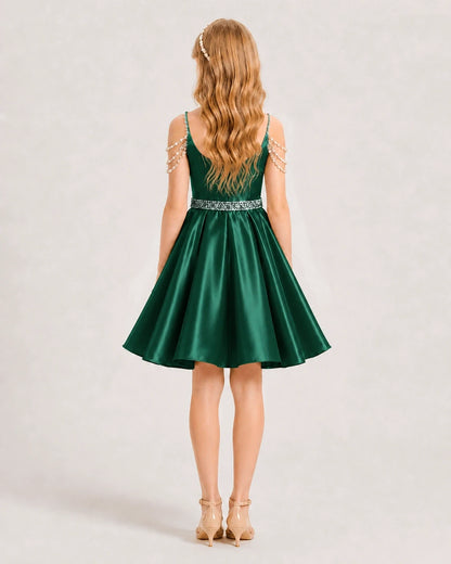 Dark Green Satin A-line Girls Formal Dress Back View