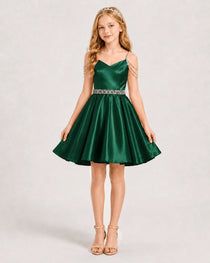 Dideyttawl Girls Formal Dress with Rhinestone Shoulder Drape and Beaded Waistband
