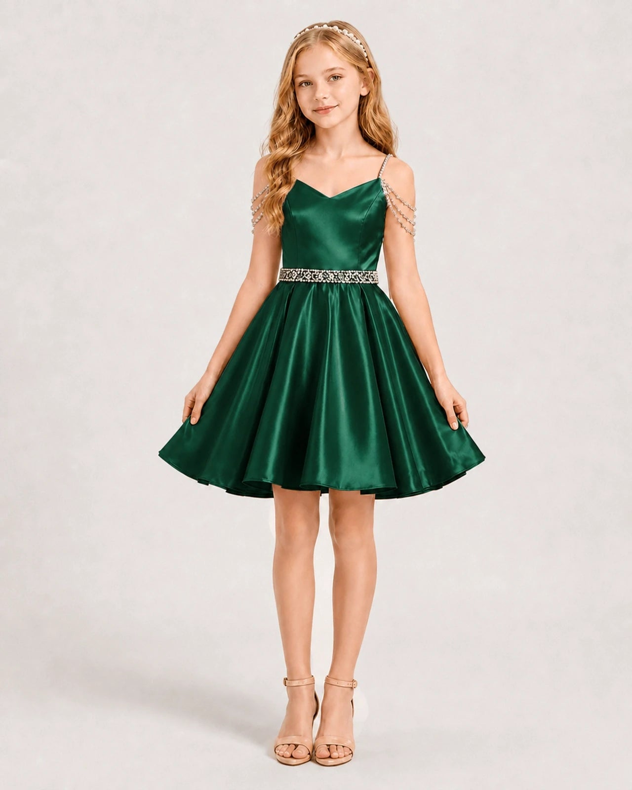 Dideyttawl Girls Formal Dress with Rhinestone Shoulder Drape and Beaded Waistband