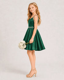 Dideyttawl Girls Formal Dress with Rhinestone Shoulder Drape and Beaded Waistband