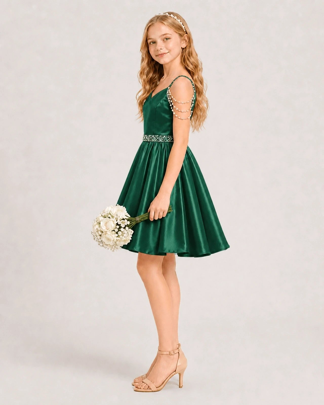 Dideyttawl Girls Formal Dress with Rhinestone Shoulder Drape and Beaded Waistband