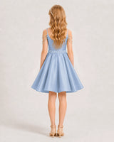 Dusty Blue Satin A-line Girls Formal Dress Back View