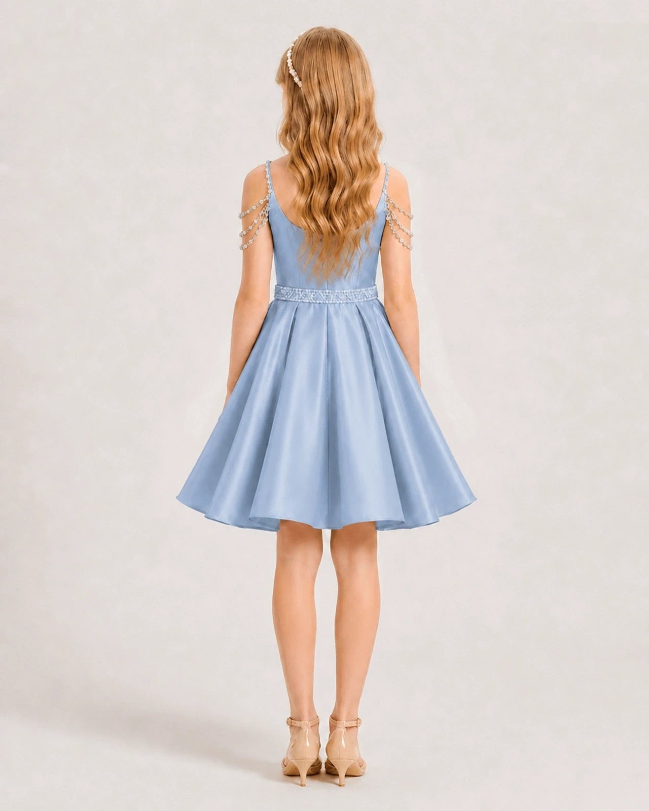Dusty Blue Satin A-line Girls Formal Dress Back View