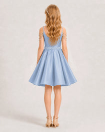 Dideyttawl Girls Formal Dress with Rhinestone Shoulder Drape and Beaded Waistband