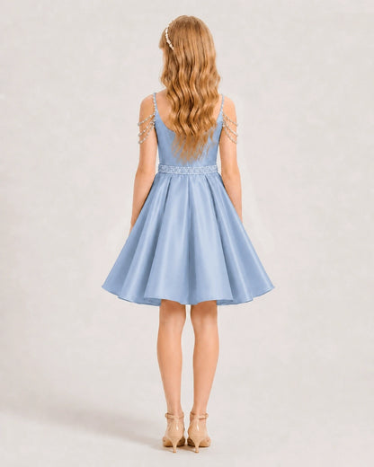 Dusty Blue Satin A-line Girls Formal Dress Back View