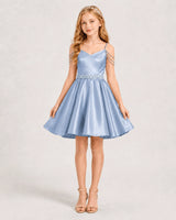 Dusty Blue Satin A-line Girls Formal Dress Front View