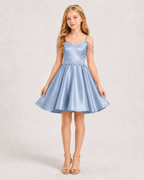 Dideyttawl Girls Formal Dress with Rhinestone Shoulder Drape and Beaded Waistband