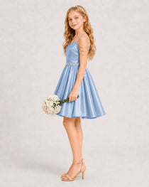 Dideyttawl Girls Formal Dress with Rhinestone Shoulder Drape and Beaded Waistband