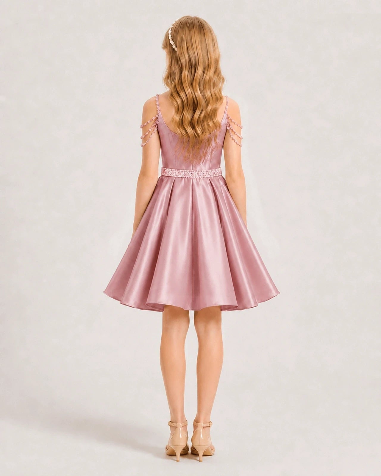 Dusty Rose Satin A-line Girls Formal Dress Back View