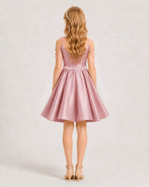 Dideyttawl Girls Formal Dress with Rhinestone Shoulder Drape and Beaded Waistband