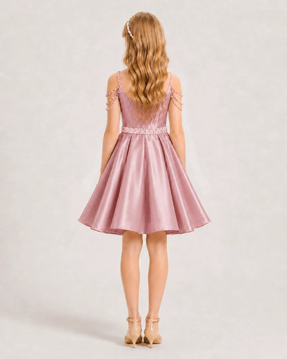 Dusty Rose Satin A-line Girls Formal Dress Back View