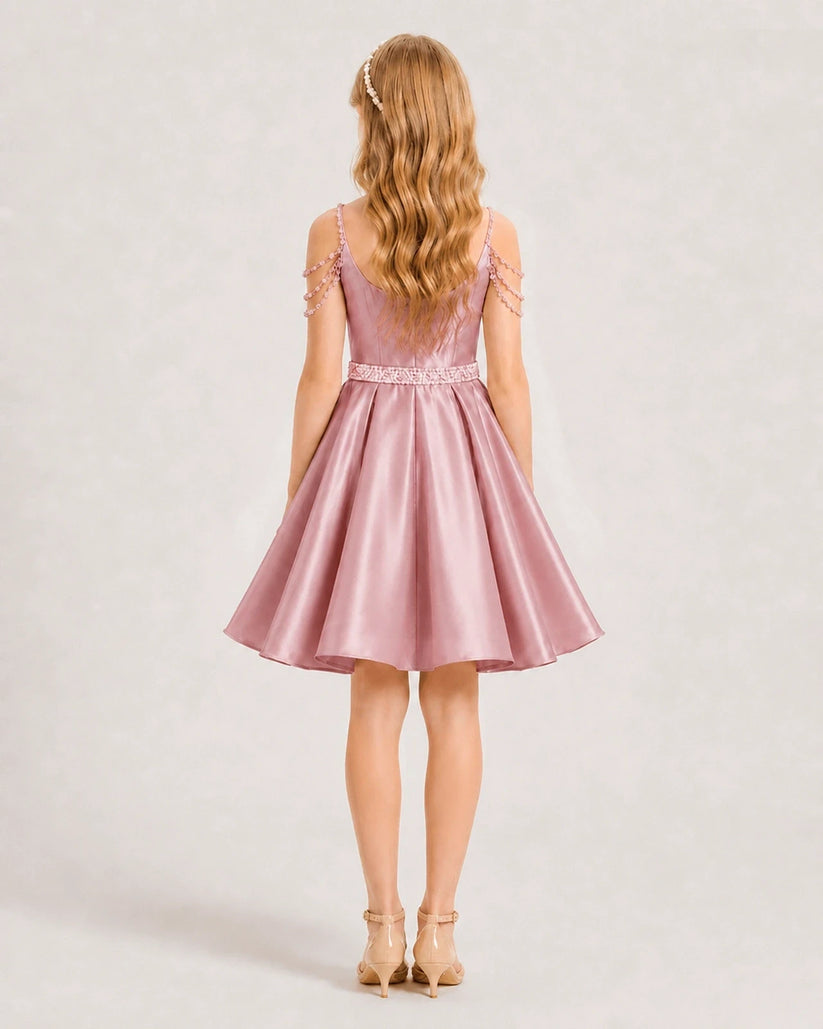 Dusty Rose Satin A-line Girls Formal Dress Back View