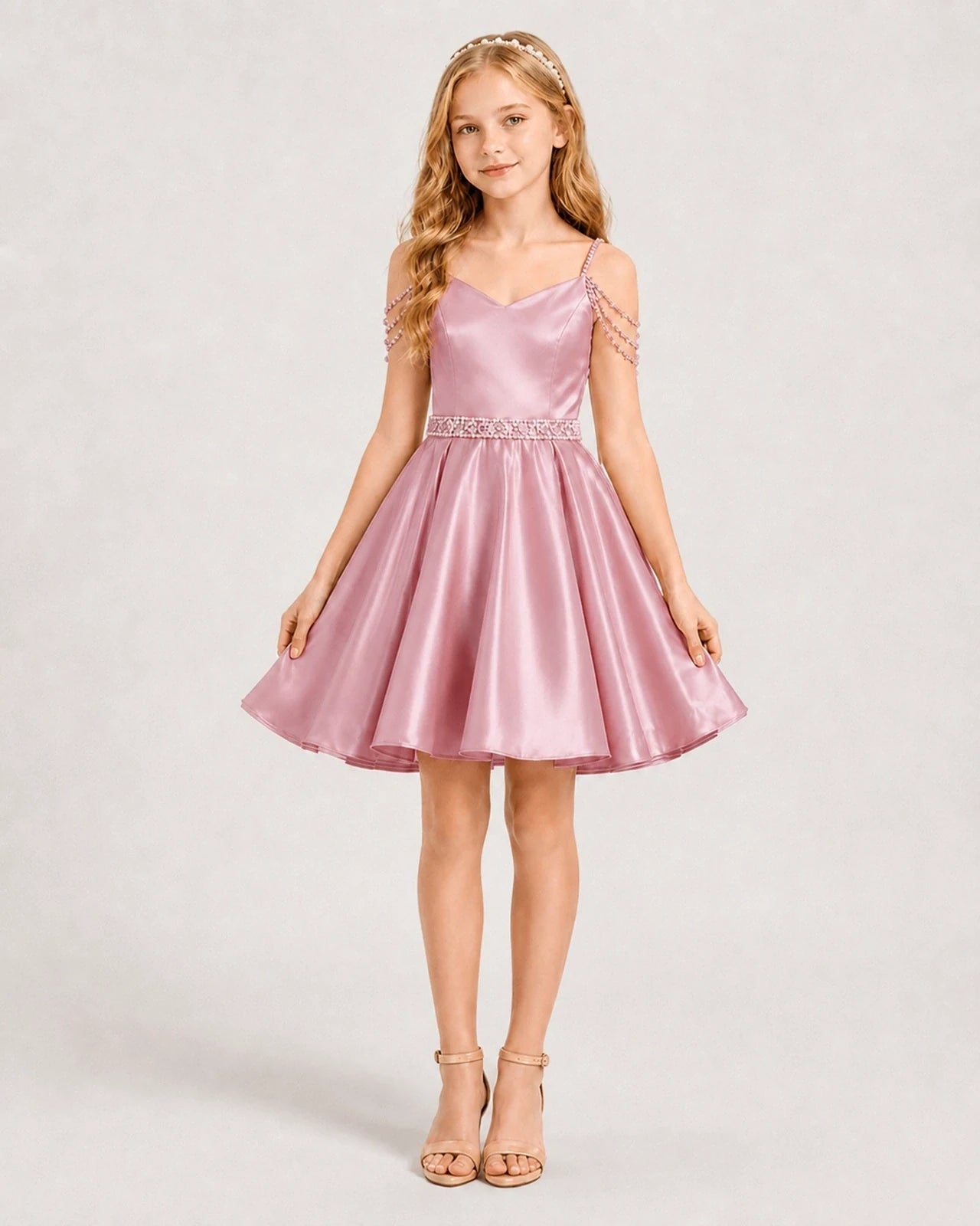 Dideyttawl Girls Formal Dress with Rhinestone Shoulder Drape and Beaded Waistband