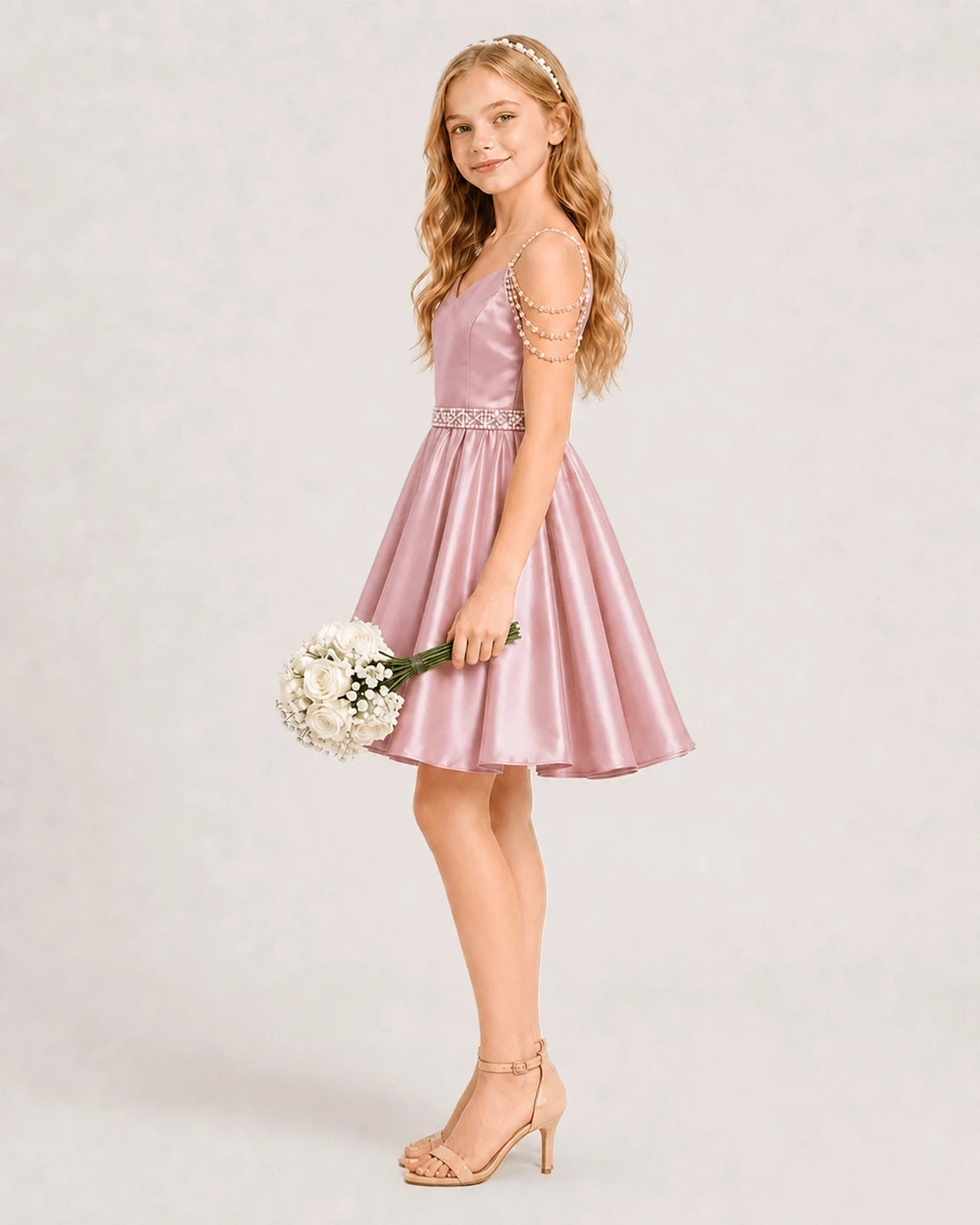 Dusty Rose Satin A-line Girls Formal Dress Side View