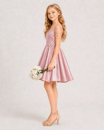 Dideyttawl Girls Formal Dress with Rhinestone Shoulder Drape and Beaded Waistband