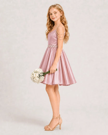 Dusty Rose Satin A-line Girls Formal Dress Side View