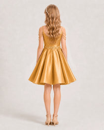 Dideyttawl Girls Formal Dress with Rhinestone Shoulder Drape and Beaded Waistband