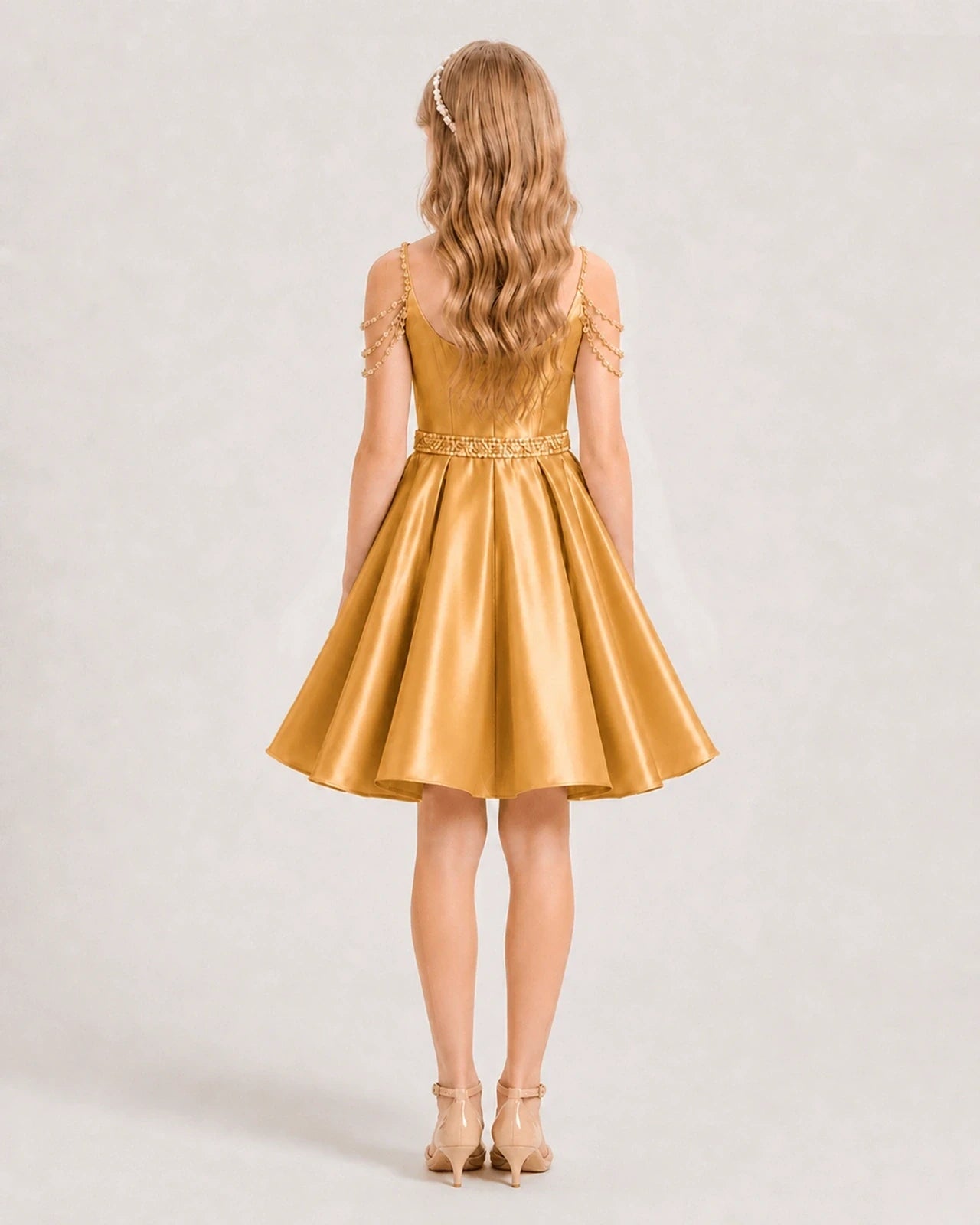 Dideyttawl Girls Formal Dress with Rhinestone Shoulder Drape and Beaded Waistband