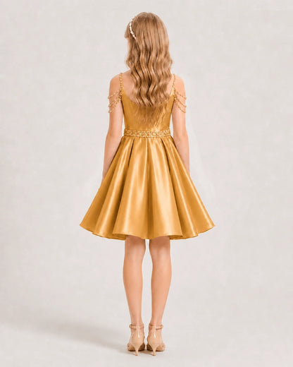 Gold Satin A-line Girls Formal Dress Back View
