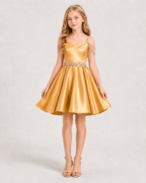 Dideyttawl Girls Formal Dress with Rhinestone Shoulder Drape and Beaded Waistband