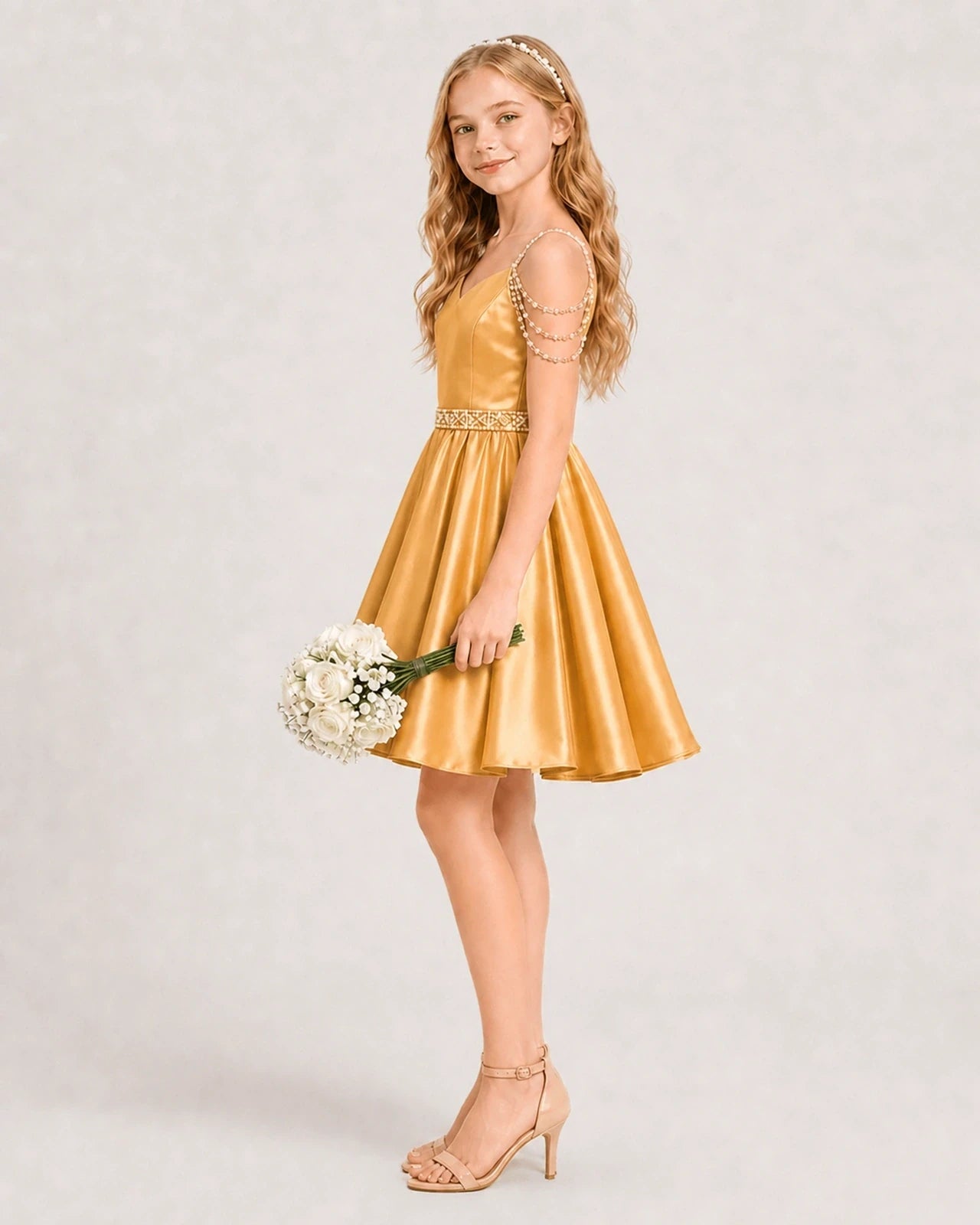 Dideyttawl Girls Formal Dress with Rhinestone Shoulder Drape and Beaded Waistband
