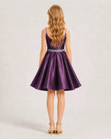 Grape Satin A-line Girls Formal Dress Back View