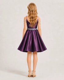 Dideyttawl Girls Formal Dress with Rhinestone Shoulder Drape and Beaded Waistband