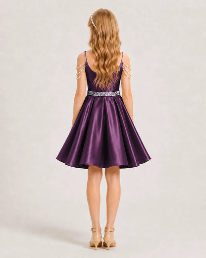Grape Satin A-line Girls Formal Dress Back View