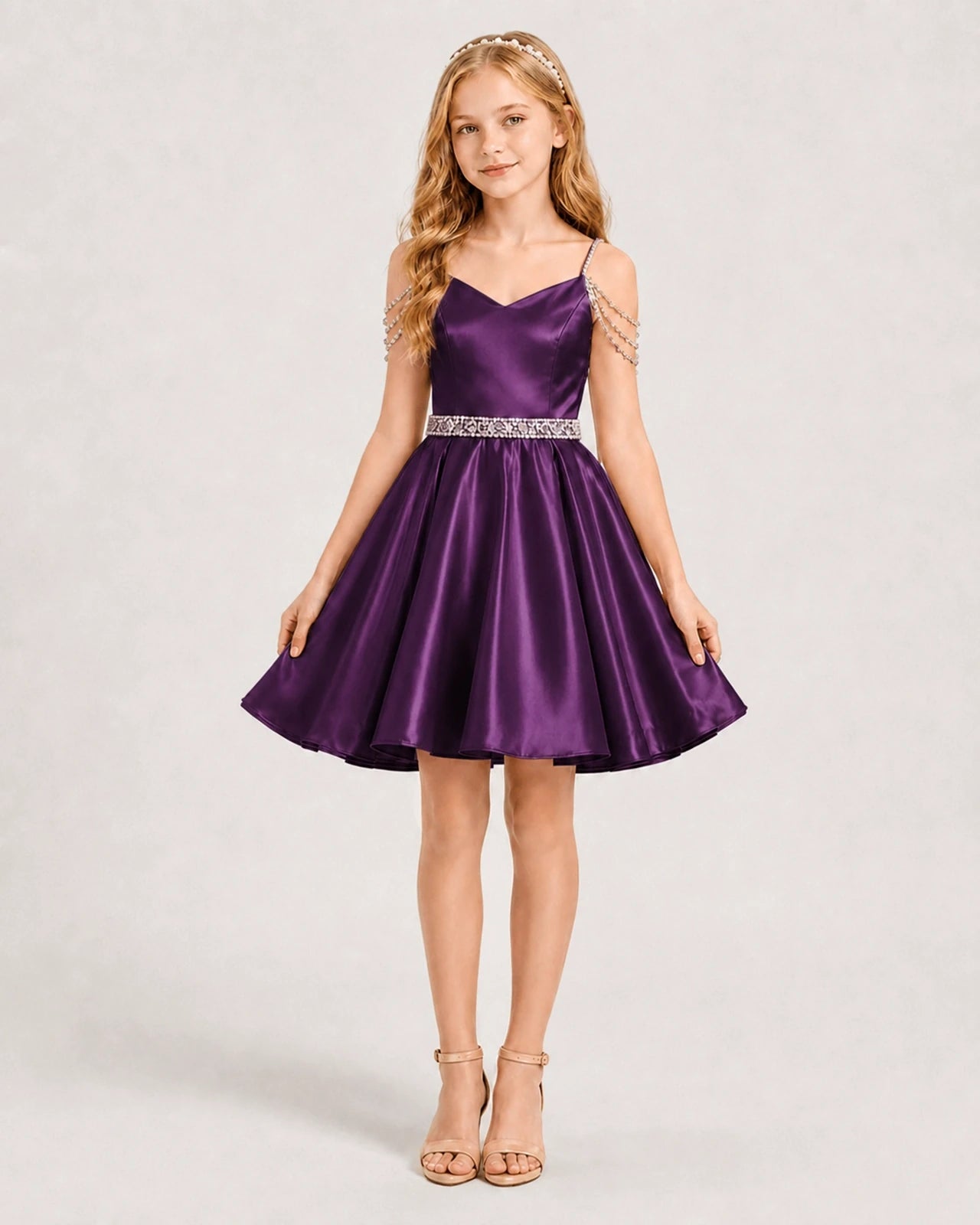 Grape Satin A-line Girls Formal Dress Front View