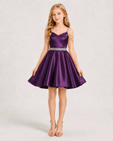 Grape Satin A-line Girls Formal Dress Front View