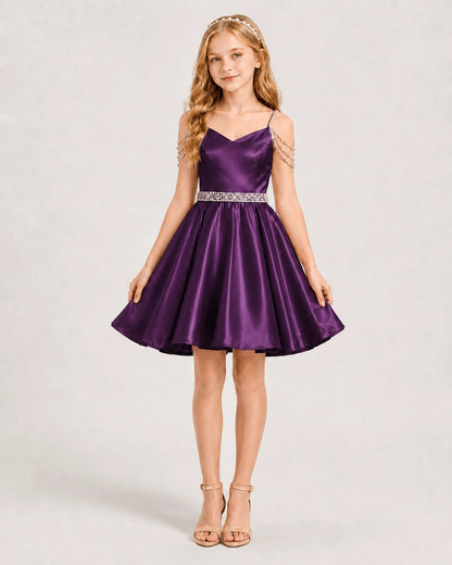 Grape Satin A-line Girls Formal Dress Front View