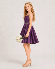 Dideyttawl Girls Formal Dress with Rhinestone Shoulder Drape and Beaded Waistband