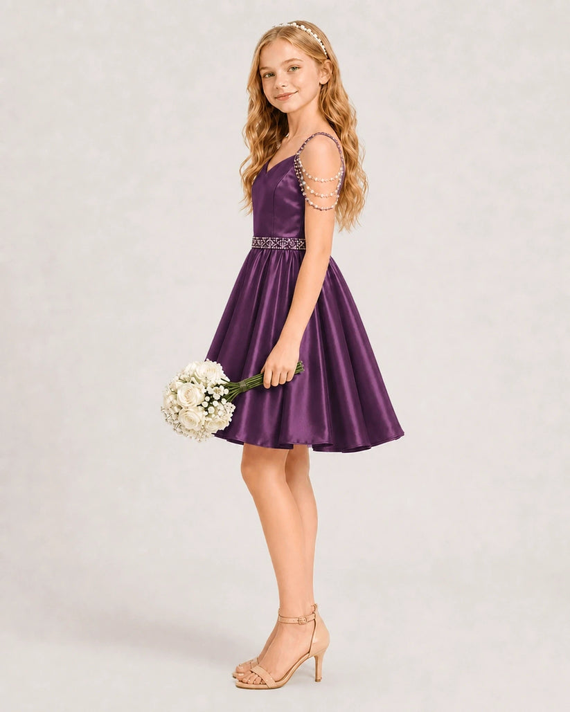 Grape Satin A-line Girls Formal Dress Side View