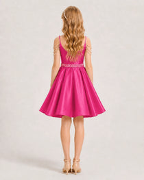 Dideyttawl Girls Formal Dress with Rhinestone Shoulder Drape and Beaded Waistband