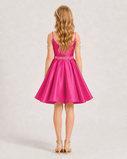 Hot Pink Satin A-line Girls Formal Dress Back View