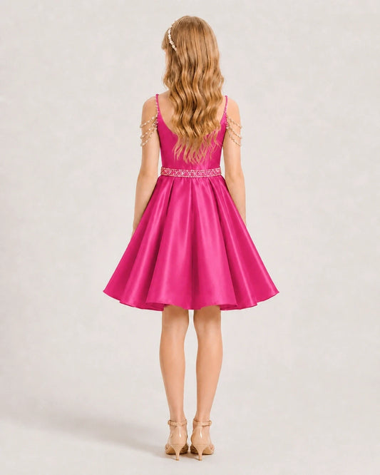 Hot Pink Satin A-line Girls Formal Dress Back View