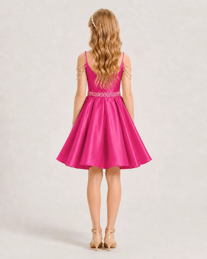 Hot Pink Satin A-line Girls Formal Dress Back View