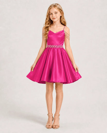 Hot Pink Satin A-line Girls Formal Dress Front View