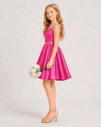 Dideyttawl Girls Formal Dress with Rhinestone Shoulder Drape and Beaded Waistband