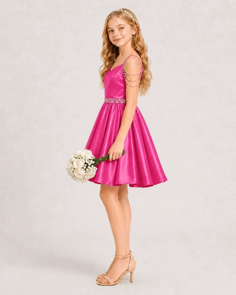 Hot Pink Satin A-line Girls Formal Dress Side View