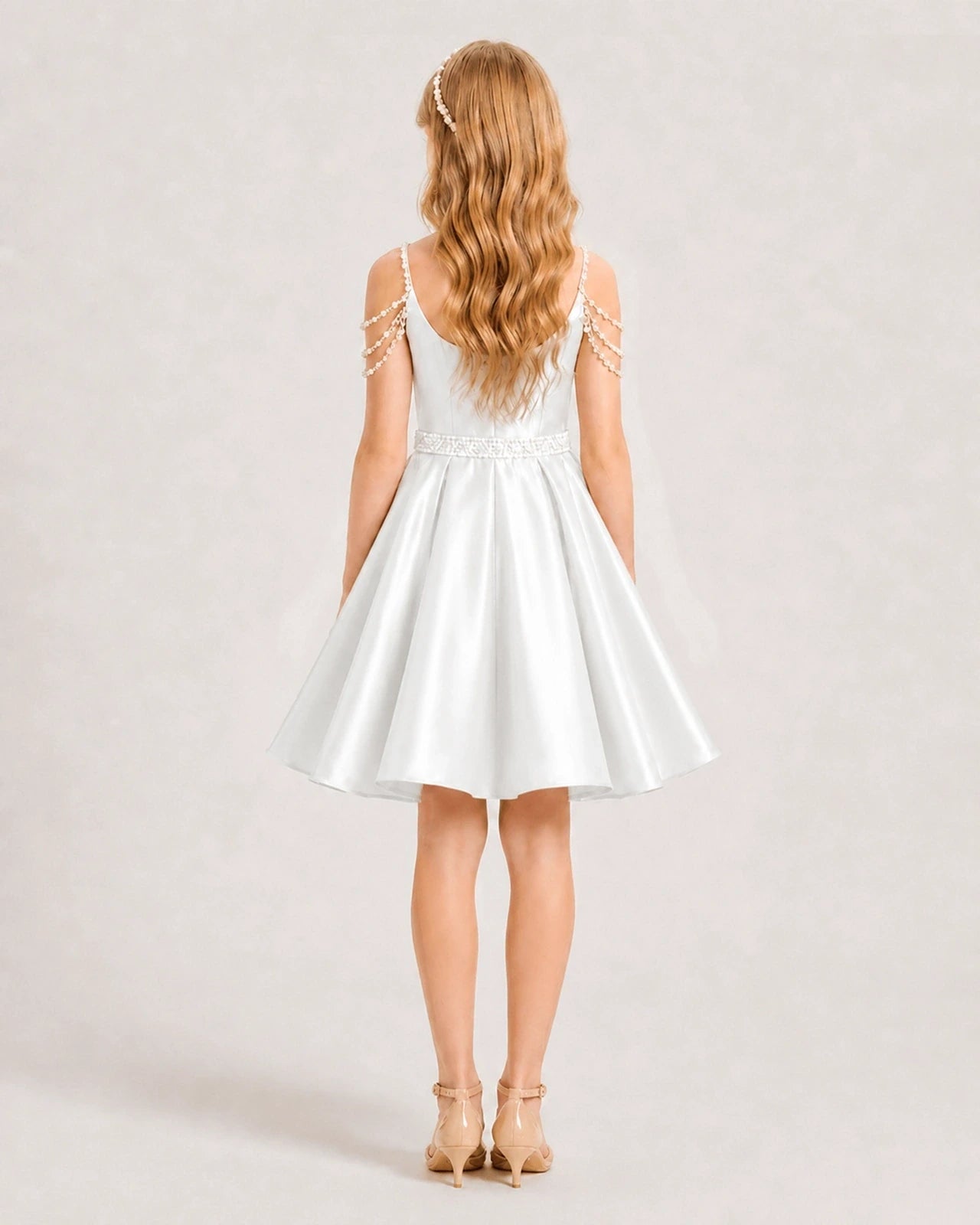 Dideyttawl Girls Formal Dress with Rhinestone Shoulder Drape and Beaded Waistband