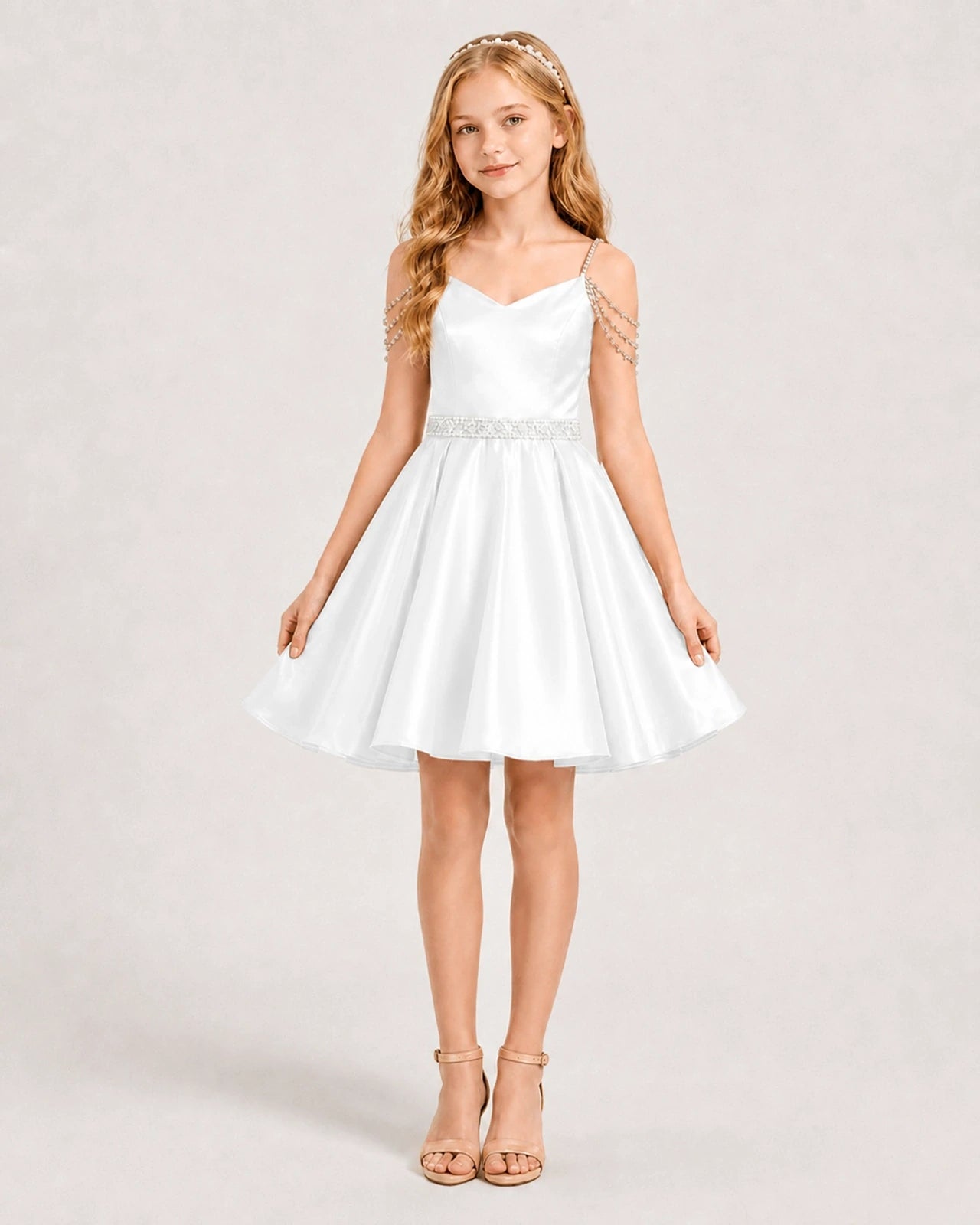 Ivory Satin A-line Girls Formal Dress Front View