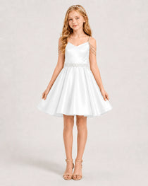 Dideyttawl Girls Formal Dress with Rhinestone Shoulder Drape and Beaded Waistband