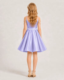 Dideyttawl Girls Formal Dress with Rhinestone Shoulder Drape and Beaded Waistband