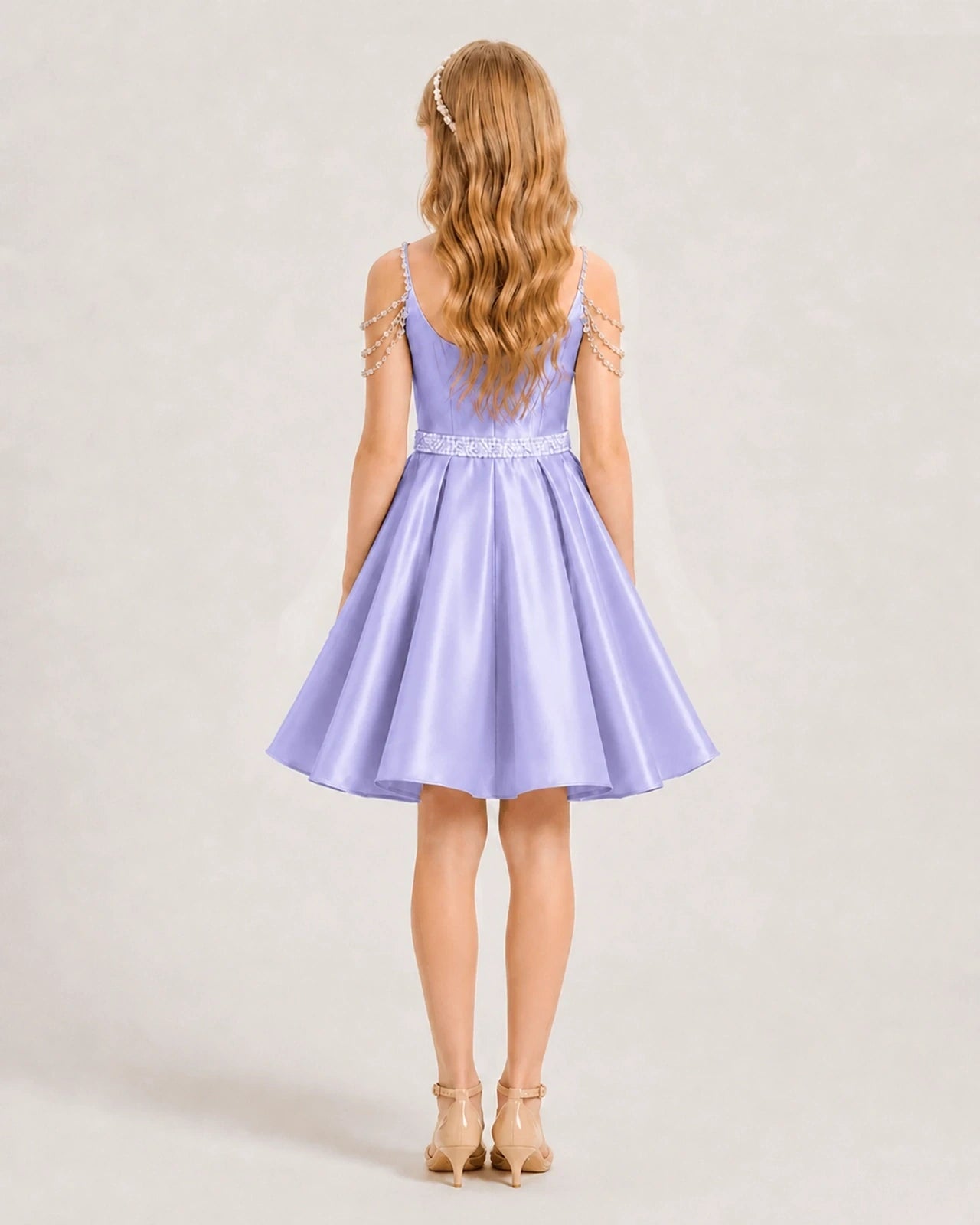 Dideyttawl Girls Formal Dress with Rhinestone Shoulder Drape and Beaded Waistband